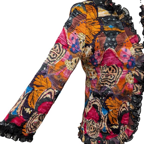 Alberto Makali Womens Size L Crinkle Abstract Butterflies Ruffle Open Front Top - Picture 6 of 9